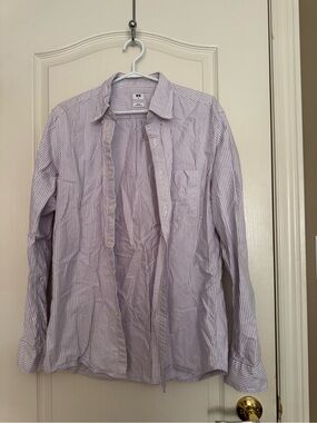 Uniqlo Men's Lavender and White Striped Button-Down Shirt